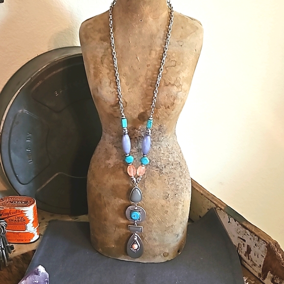 Chicos Y necklace adjustable long length pink, turquoise, purple silver - Picture 2 of 9